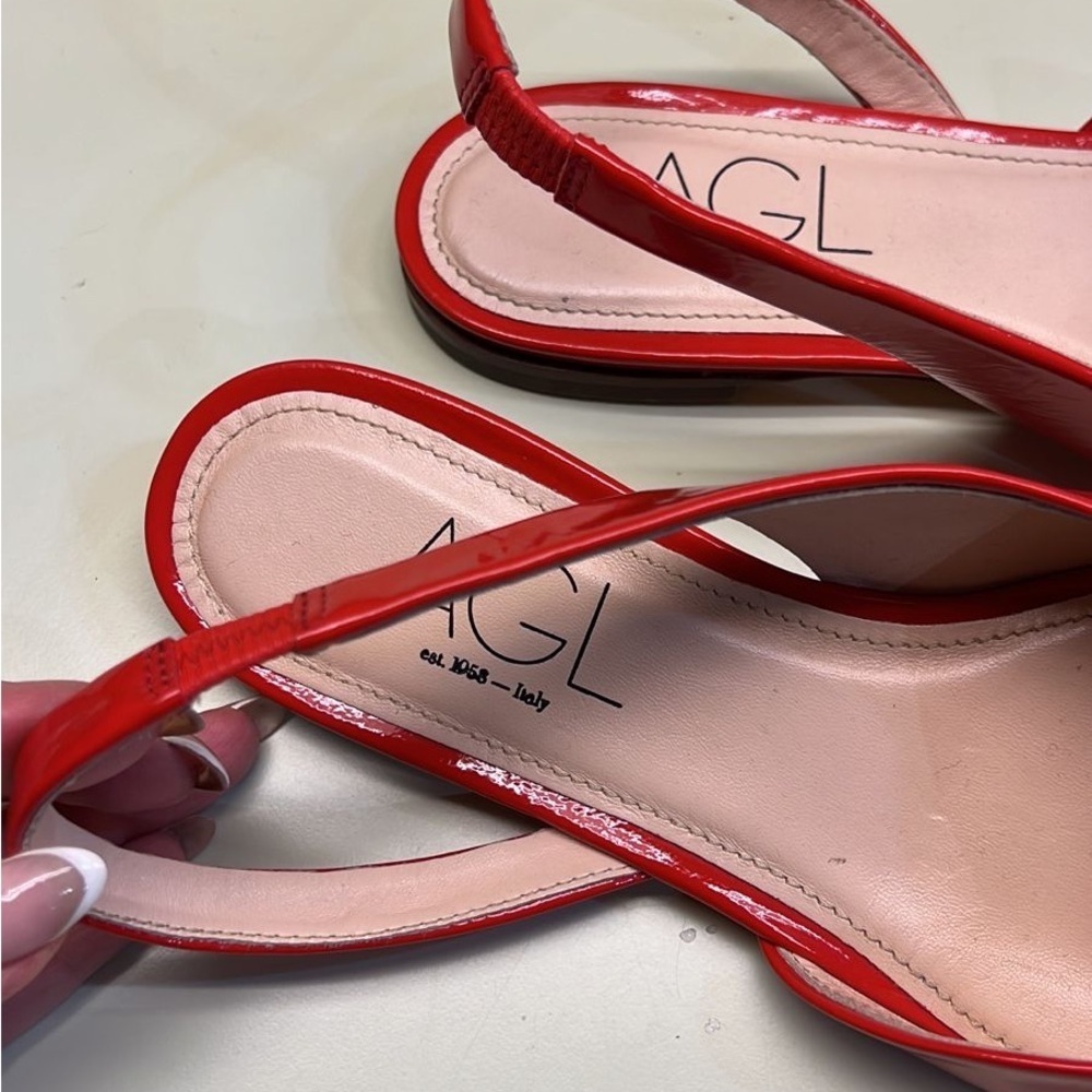 AGL Red Patent Slingback Flats | Italian Designer Square Toe Shoes NWT - Picture 5 of 7